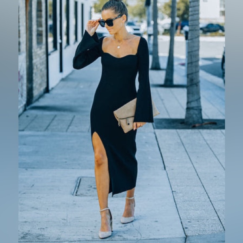 BROADWAY RIBBED KNIT MIDI DRESS - BLACK